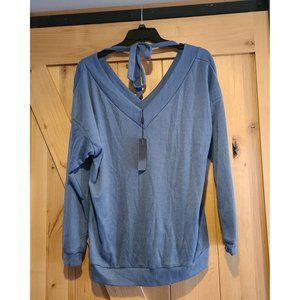 New! OUGES Womens Size L Long Sleeve V-Neck Button Causal Top Tie Neck Waffle